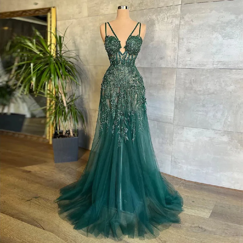 black-tie party dressesElegant Green A Line Evening Dress 2022 New Appliques Beaded Long Prom Dresses Lace Up Spaghetti Straps Formal Occasion Gowns,MD7072