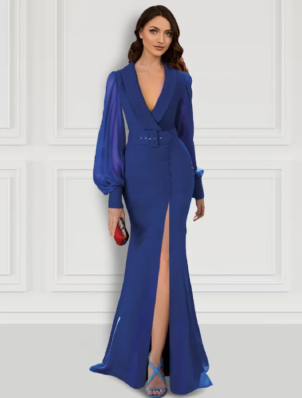 spaghetti-strap party dressesMermaid / Trumpet Evening Gown Elegant Dress Formal Sweep / Brush Train Long Sleeve V Neck Belt / Sash Stretch Fabric with Buttons Slit