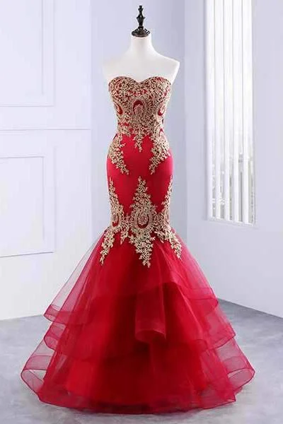 minimalist party dressesFloor Length Sweetheart Mermaid Red Prom Dress, Gold Appliqued Long Evening Dress M1525