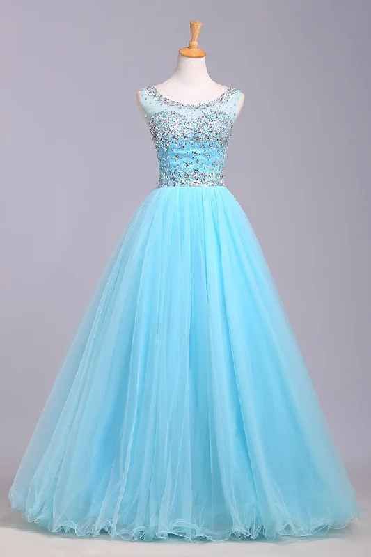 polka dot party dressesBlue Scoop Sleeveless Tulle Prom Dress with Sequins, Floor Length Puffy Evening Dress M1505