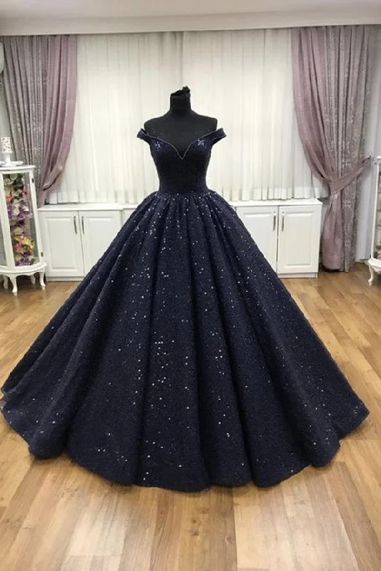 tulle party dressesBlue sequins long A line prom dress evening dress M2214