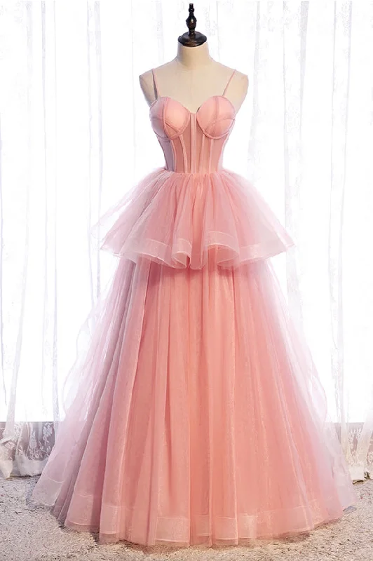 homecoming party dressesPink tulle long prom dress A line evening gown M5355