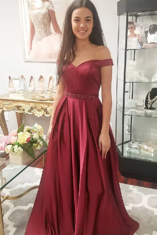 ruffle party dressesElegant Off the Shoulder Burgundy Long Prom Dress Party Dress