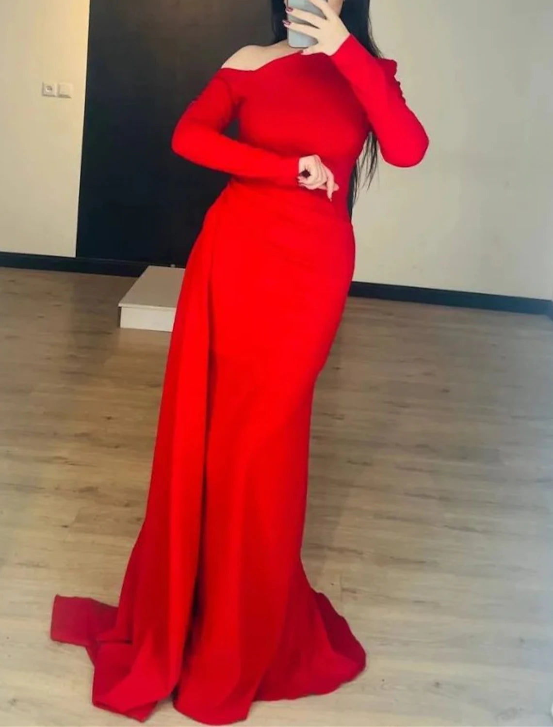 bold color party dressesMermaid / Trumpet Evening Gown Elegant Dress Formal Christmas Sweep / Brush Train Long Sleeve One Shoulder Satin with Overskirt