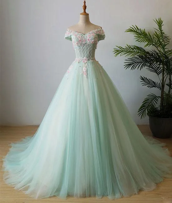 vintage party dressesGreen v neck tulle beads long prom dress, tulle evening dress M4878