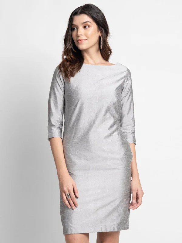 polyester party dressesPoly Dupioni Evening Sheath Dress - Silver Grey