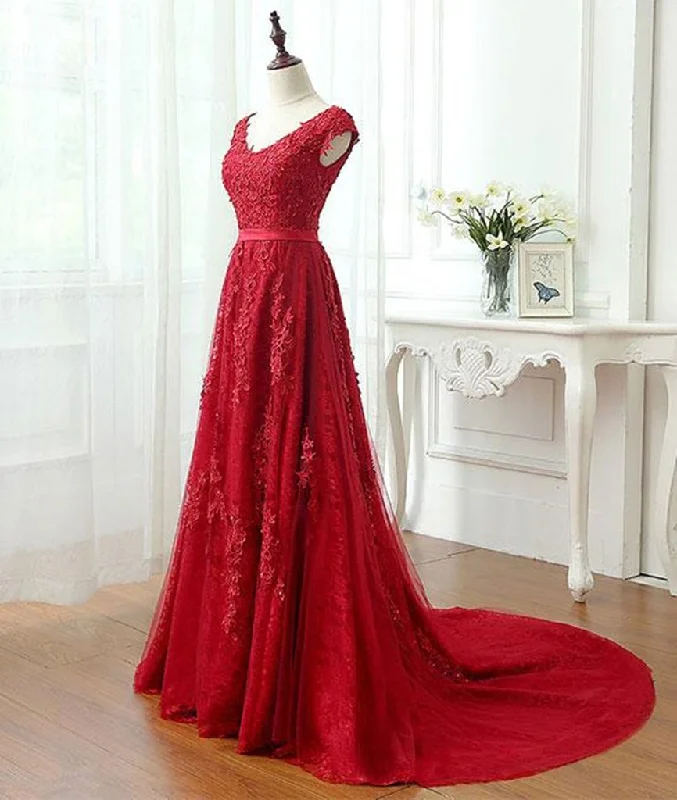 mother-of-the-bride party dressesA Line Cap Sleeves Burgundy Lace Long Prom Dress with Appliques, Burgundy Formal Dress, Burgundy Evening Dress M3253