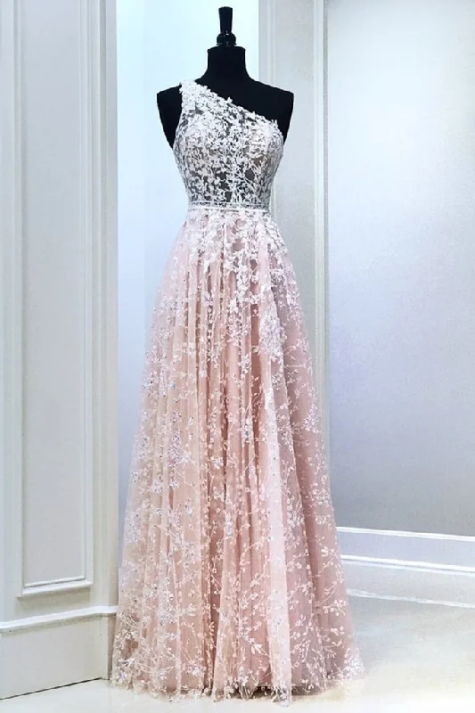 mini party dressesA Line One Shoulder Pink Lace Long Prom Dress, Pink Lace Formal Dress, Pink Evening Dress M2751