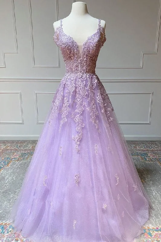 chic party dressesV Neck Off Shoulder Long Lilac Lace Prom Dress, Off Shoulder Purple Lace Formal Graduation Evening Dress M2912