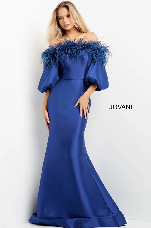 elegant party dressesJovani 08356 Off the Shoulder Feather Neckline Long Sleeve Evening Dress - Special Occasion/Curves