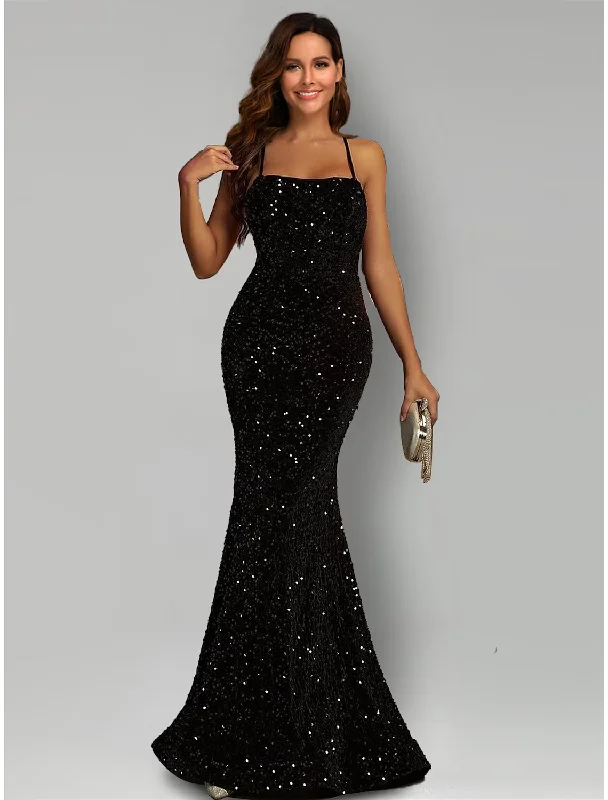 bodycon party dressesMermaid / Trumpet Evening Gown Black Dress Formal Sweep / Brush Train Sleeveless Halter Sequined with Sequin