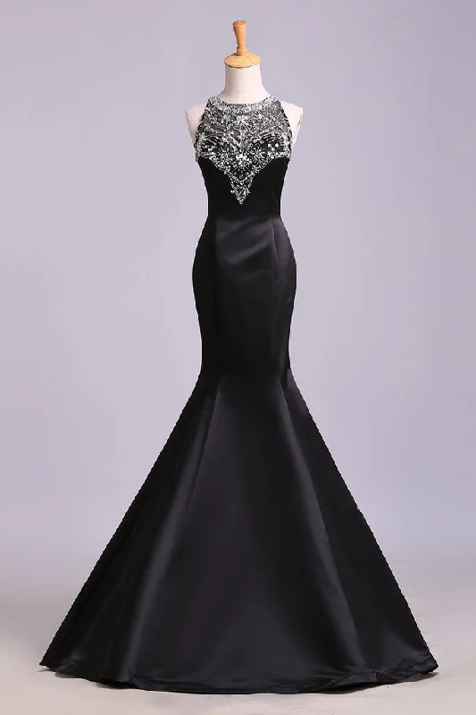 floral party dressesBlack Mermaid Sleeveless Beaded Satin Prom Dress, Long Evening Dresses M1507