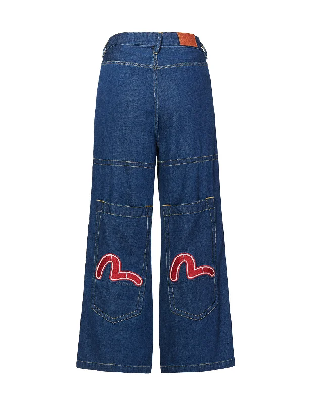 women's denim jeans with raw hemsDenim Culottes with Seagull Embroidered Huge Pockets