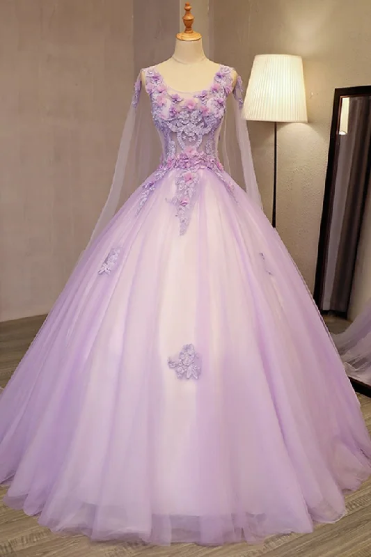 bohemian party dressesUnique Lilac Tulle Long Ball Gown Evening Dress with Flowers, Puffy Quinceanera Dresses M1619