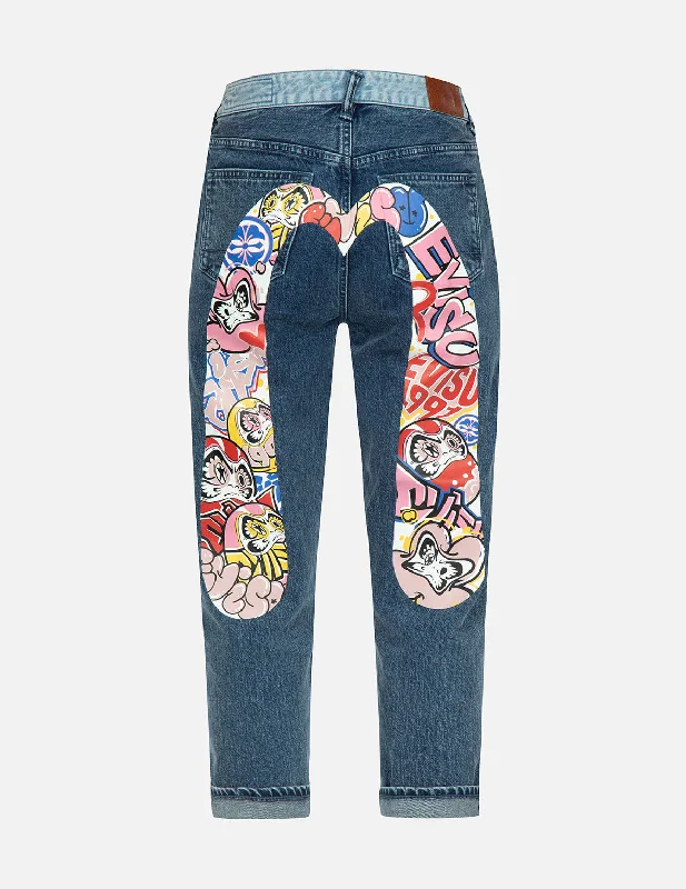 women's denim jeans for everyday wearGraffiti Daruma Daicock Print Two-tone Jeans