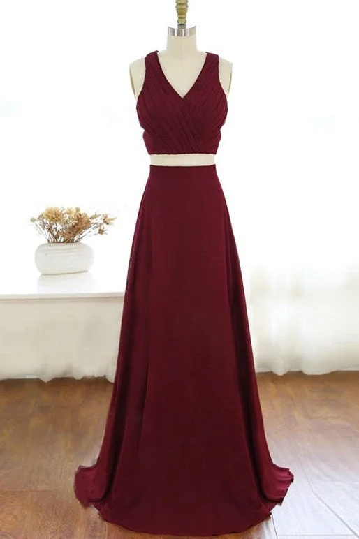 prom party dressesTwo Piece V Neck Long Burgundy Chiffon Prom Dress Evening Dress