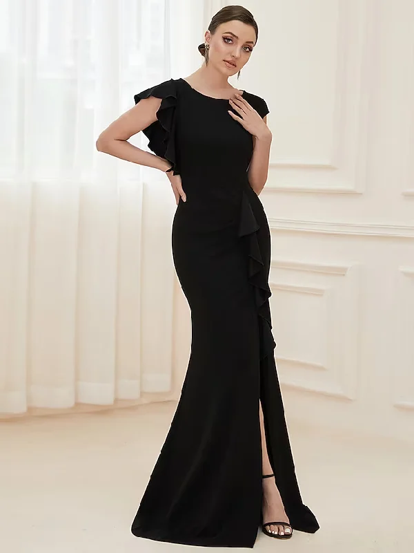 petite party dressesEvening Gown Vintage Dress Formal Floor Length Short Sleeve Jewel Neck Nylon with Ruffles Slit