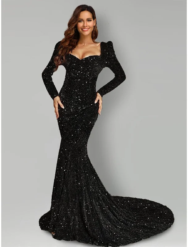 striped party dressesEvening Gown Black Dress Formal Court Train Long Sleeve Square Neck Sequined