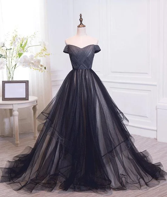 floral party dressesSimple black sweetheart tulle long prom dress, black evening dress M4841