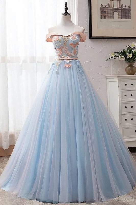 cocktail party dressesLight Blue Off Shoulder Floor Length Tulle Prom Gown with Appliques, Puffy Long Evening Dress M1865