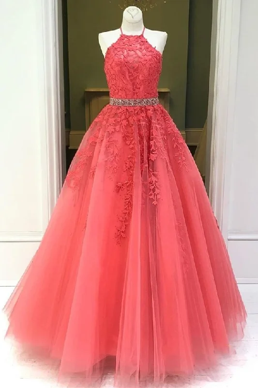 stylish party dressesStylish Backless Coral Lace Long Prom Dress, Coral Lace Formal Graduation Evening Dress M2939