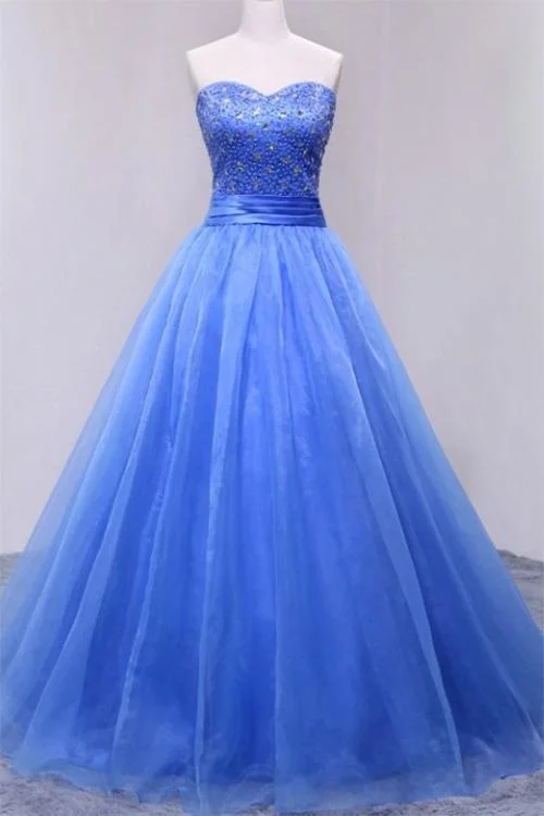 neon party dressesPuffy Sweetheart Organza Floor Length Prom Dress with Beading, Strapless Evening Dress M1498