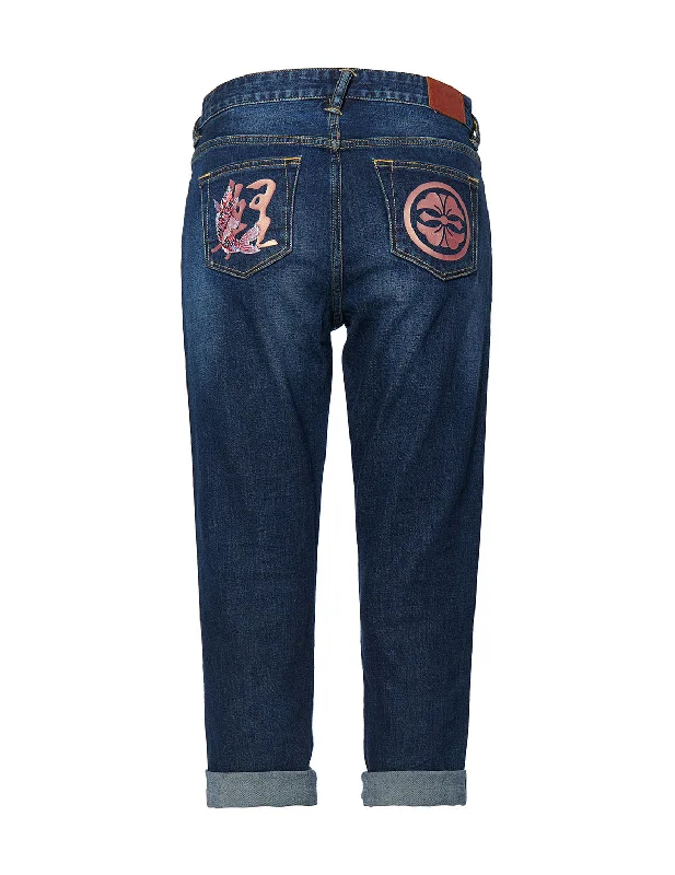 women's slim-fit denim jeansStraight-leg Denim Jeans with Kamon and Kanji Printed Pockets