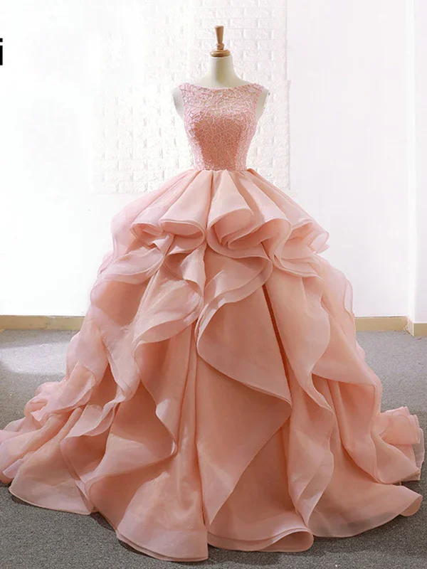 flashy party dressesBall Gown Ruffle Skirt Prom Dress Stunning Beaded Blush Open Back Prom Evening Dress M6013