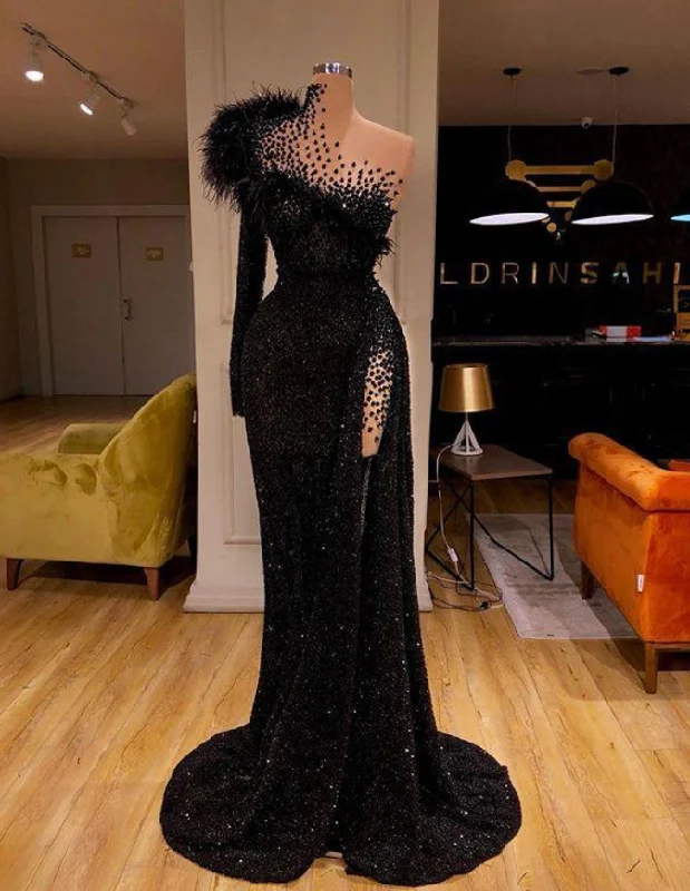 tall party dressesBlack Evening Dresses High Neck Side Split Long Sleeve Mermaid Prom Dress Feather Beaded Sexy Special Occasion Gowns M5451