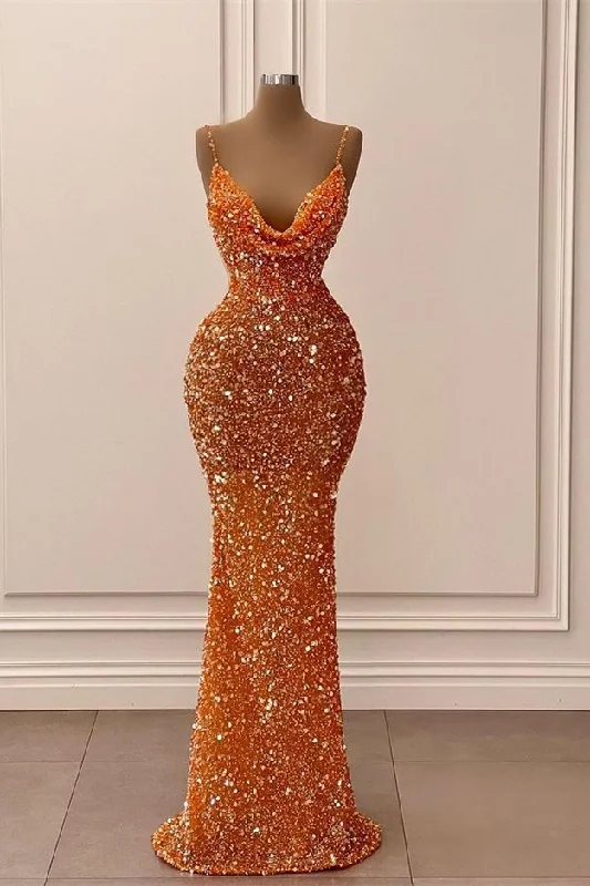 flowy party dressesGorgeous Orange Spaghetti-Straps V-Neck Evening Dress Sequins Mermaid Sleeveless,CD25469