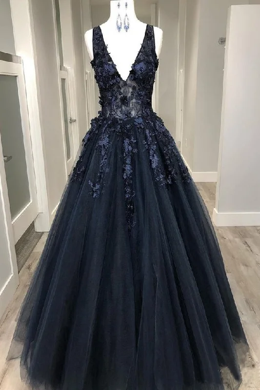 affordable party dressesV Neck Beaded Black Lace Appliques Long Prom Dress, Black Lace Formal Graduation Evening Dress M2940