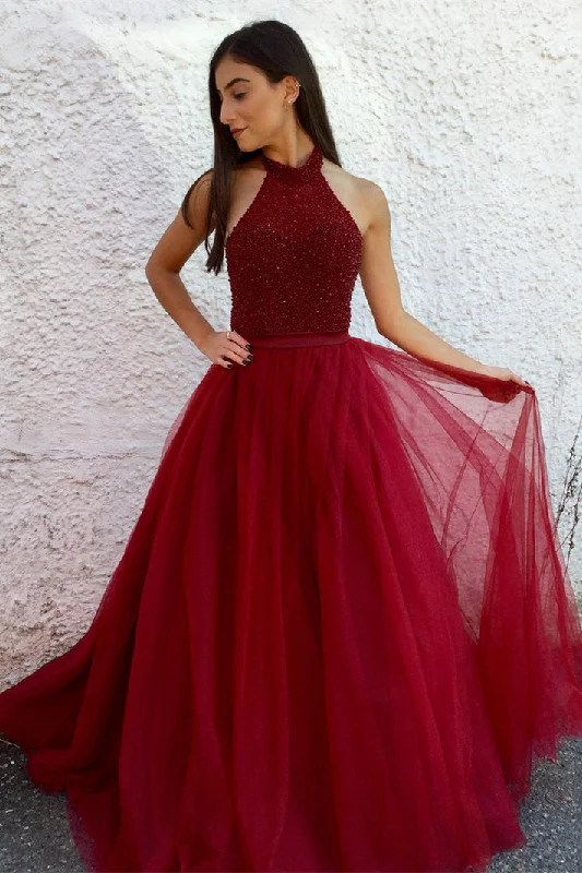 tulle party dressesHalter Dark Red Long Tulle Prom Dress Evening Dress