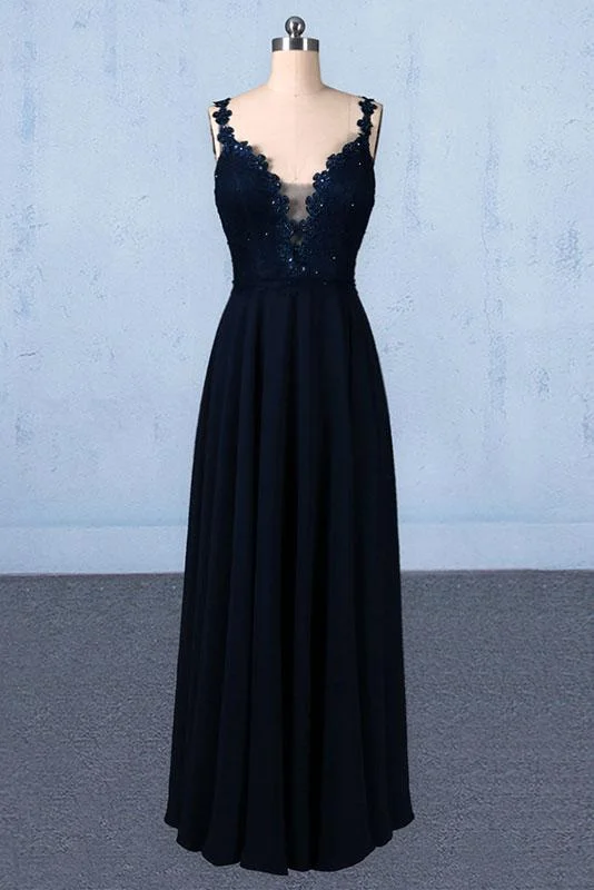 spring party dressesDark Navy Blue Straps Floor Length Evening Dresses, Long Chiffon Prom Dress with Lace M1832