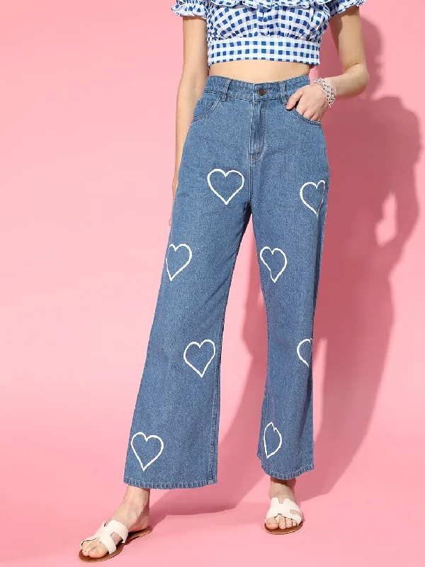 women's denim jeans with button-fly closureWomen Blue Heart Print Wide Leg Jeans