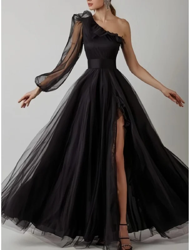 handmade party dressesSheath Prom Dress Elegant Black Dress Plus Size Evening Birthday Floor Length Long Sleeve One Shoulder Tulle with Pleats Ruffles