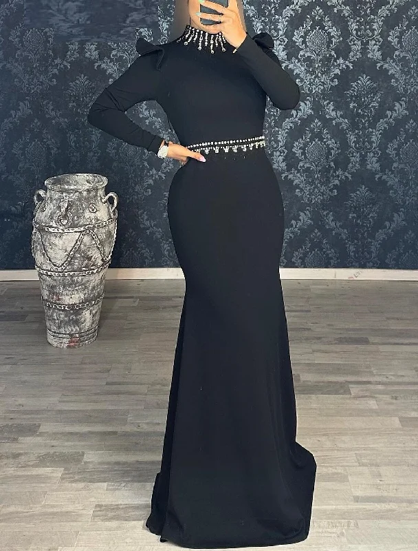 comfortable party dressesMermaid Black Dress Evening Gown Elegant Dress Formal Masquerade Floor Length Long Sleeve High Neck Stretch Fabric with Rhinestone