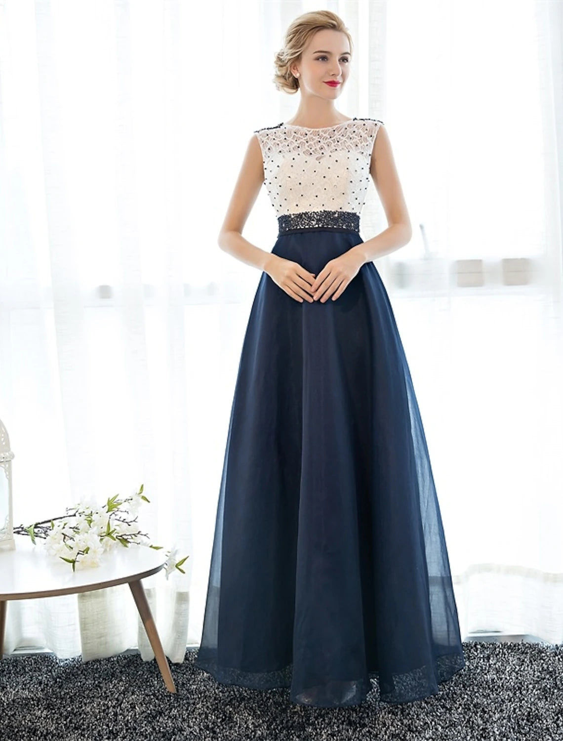 tulle party dressesA-Line Beautiful Back Elegant Beaded & Sequin Prom Formal Evening Dress Illusion Neck Sleeveless Floor Length Tulle Over Lace with Beading