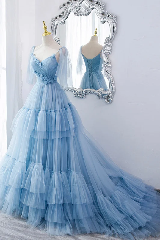 birthday party dressesBlue tulle long prom dress blue evening dress M5295