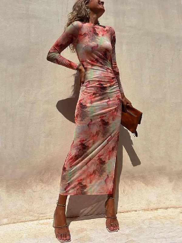 boho midi dressesCharm Lady Mesh Overlay Tie Dye Modern Print Long Sleeve Ruched Stretch Midi Dress