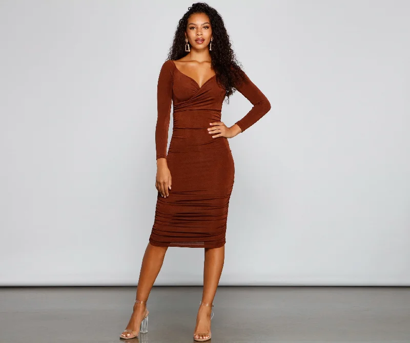 midi dresses for curvesMelissa Long Sleeve Charming Ruched Midi Dress