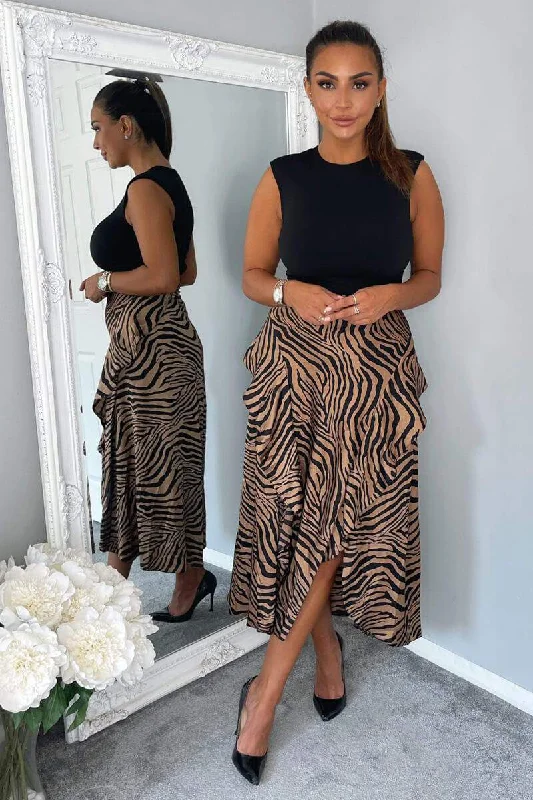 stretchy midi dressesWillow Black and Camel Animal Print 2 in 1 Midi Dress