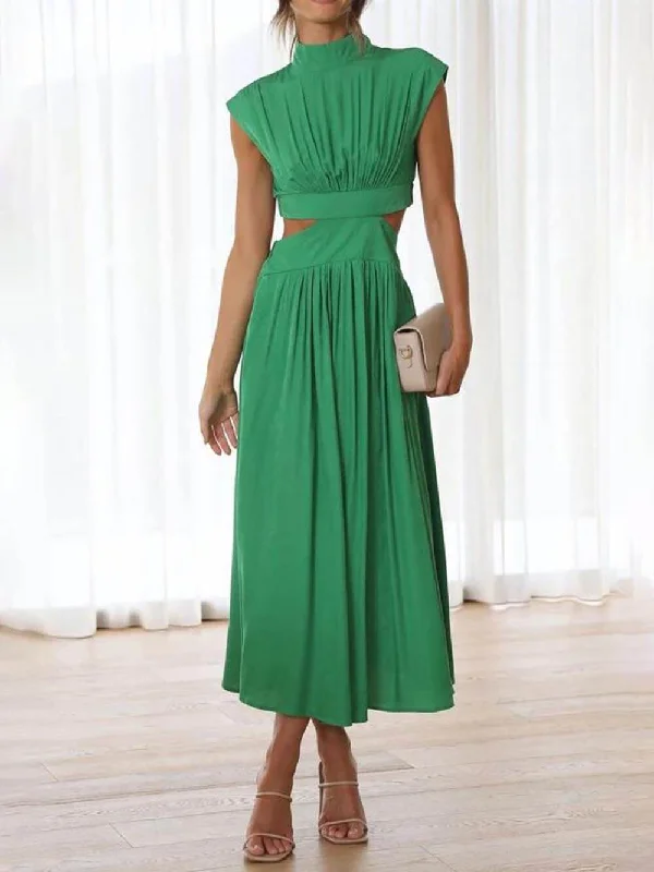 elegant evening midi dressesCutout Waist Pocketed Charming Vacation Midi Dress