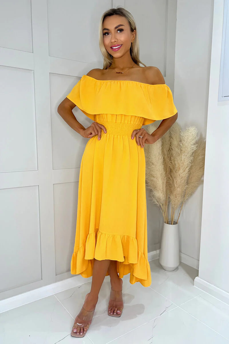 midi cocktail dressesOla Yellow Bardot Style Midi Dress