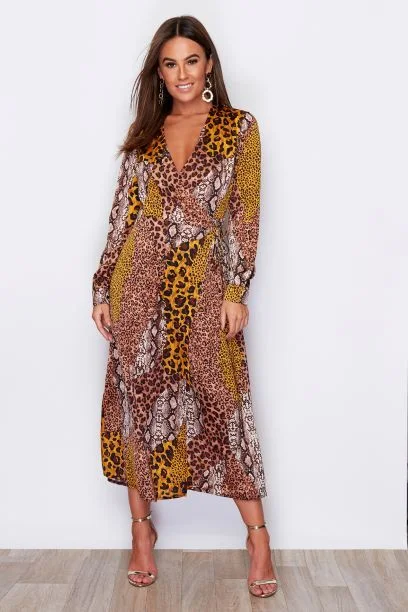 long-sleeved floral midi dressesKim Multi Animal Print Wrap Midi Dress