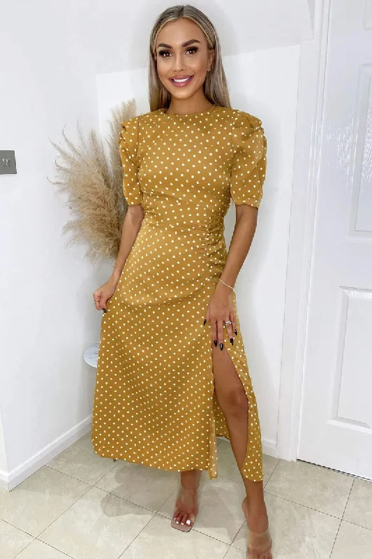 sequin midi dressesLouisa Mustard Polka Dot Ruched Short Sleeve Midi Dress