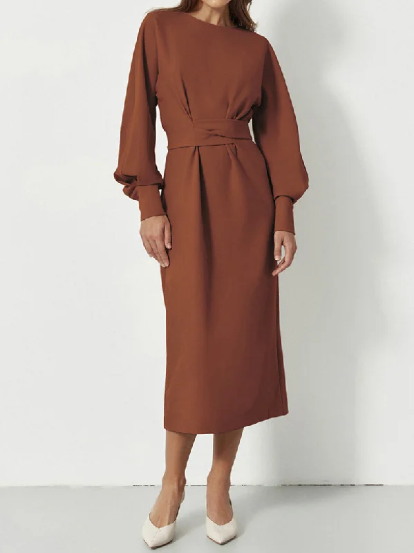 long midi dressesSandy  O-Neck Long Lantern Sleeve Midi Dress