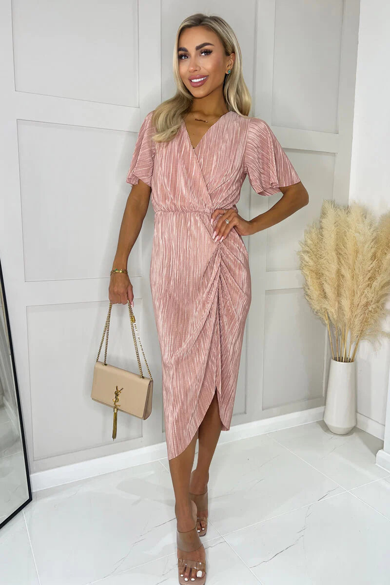 high-slit midi dressesThea Champagne Plisse Style Wrap Top Midi Dress