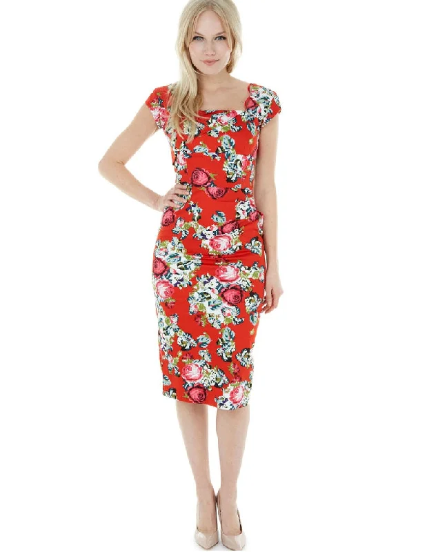 cinched-waist midi dressesDora Red Floral Pencil Style Midi Dress