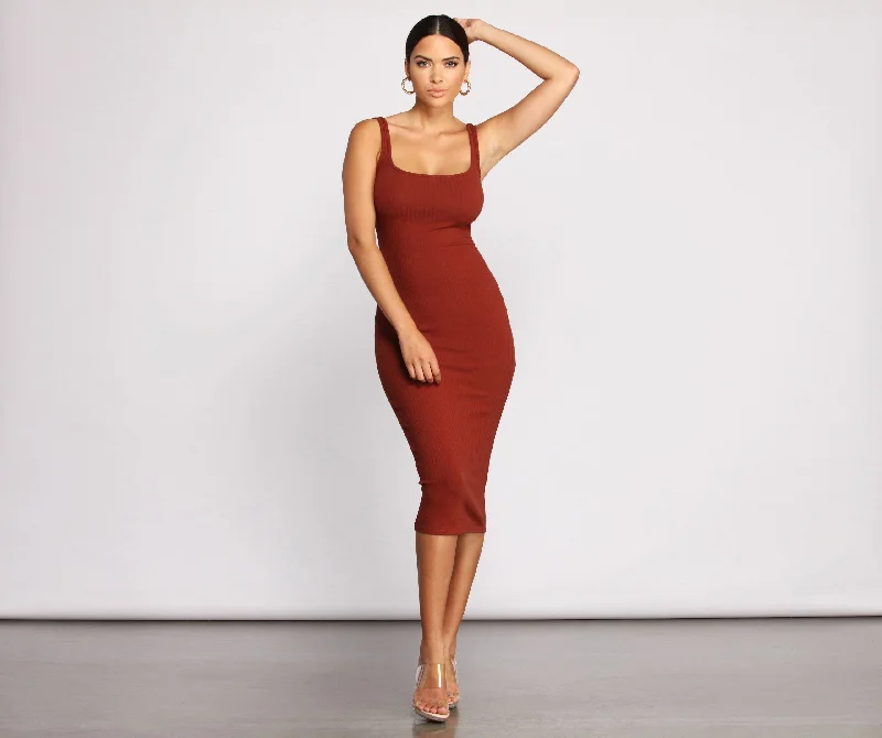 midi dresses with sheer sleevesNeed For Basics Charming Ribbed Midi Dress