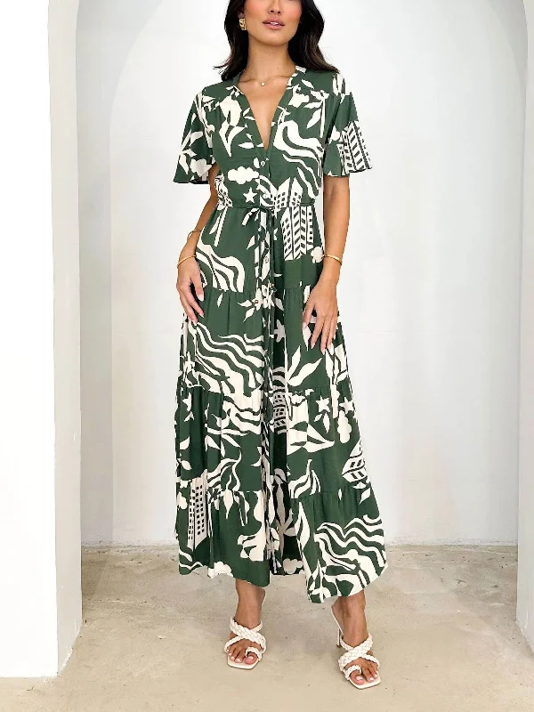 elegant midi dressesShort Sleeve Resort Charming Print Midi Dress